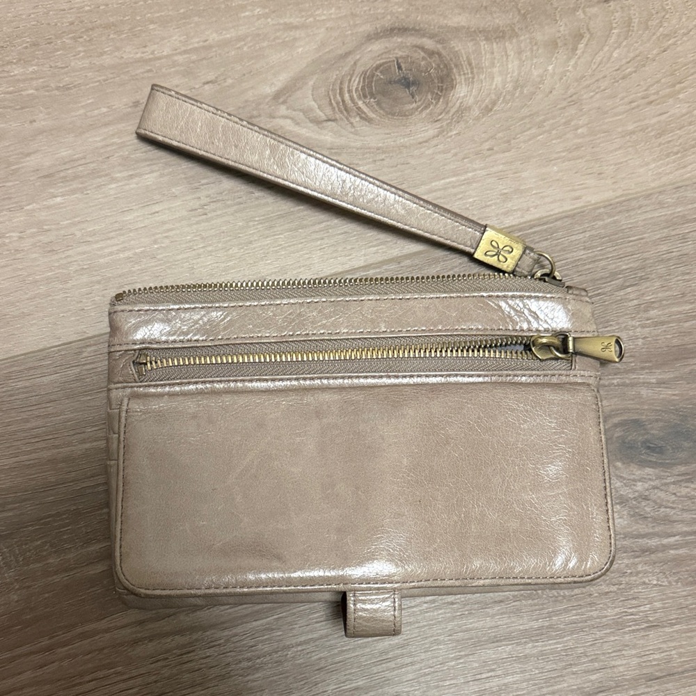 HOBO Beige Leather Wristlet Clutch with Gold Hardware